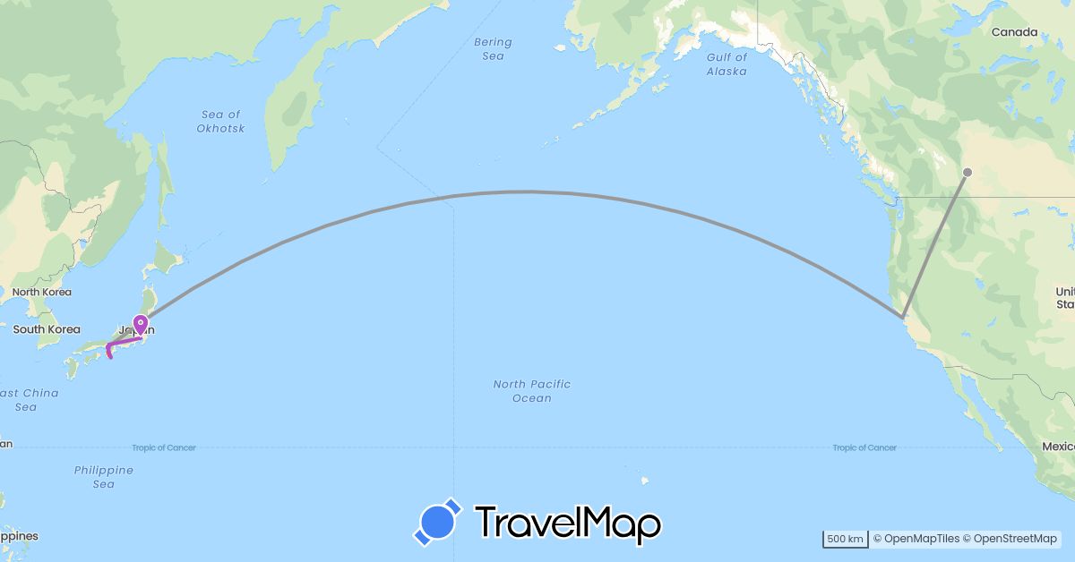 TravelMap itinerary: driving, plane, train, hiking in Canada, Japan, United States (Asia, North America)